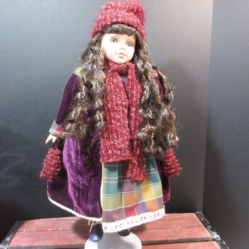 Vintage Style Porcelain Doll 16" Green Eyes Brown Curly Hair Purple Coat Plaid